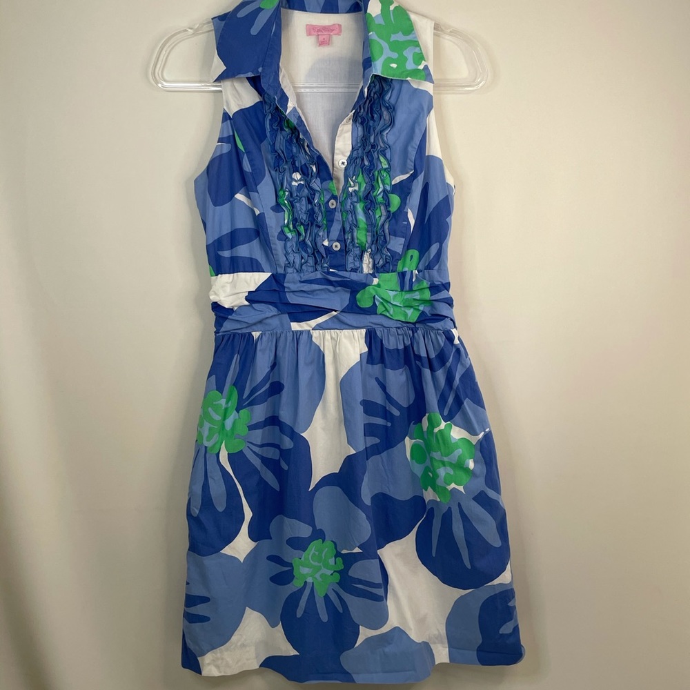 Lily Pulitzer Floral Ruffle Collar Dress Blue Big Floral Knee Length Tea Dress